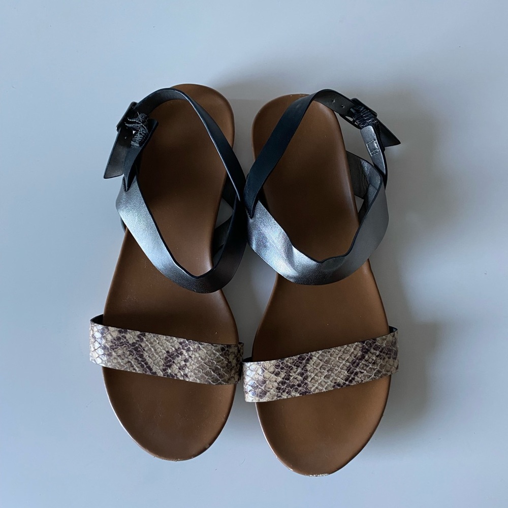 Women’s Ankle Strap Sandal with Black and Brown Snake Print